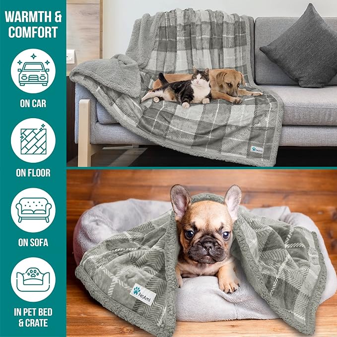 PetAmi Dog Blanket for Medium Large Dogs, Pet Bed Blanket Cat Puppy Kitten, Fleece Furniture Couch Cover Protector Sofa Car, Soft Sherpa Dog Throw Plush Reversible Washable, 40x60 Plaid Light Gray