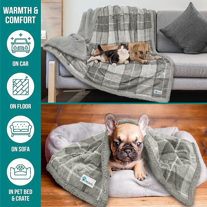 PetAmi Waterproof Dog Blanket for Small Medium Dog, Pet Puppy Blanket Couch Cover Protection, Sherpa Fleece Cat Blanket Sofa Bed Furniture Protector Reversible Soft Washable 29x40 Plaid Light Grey