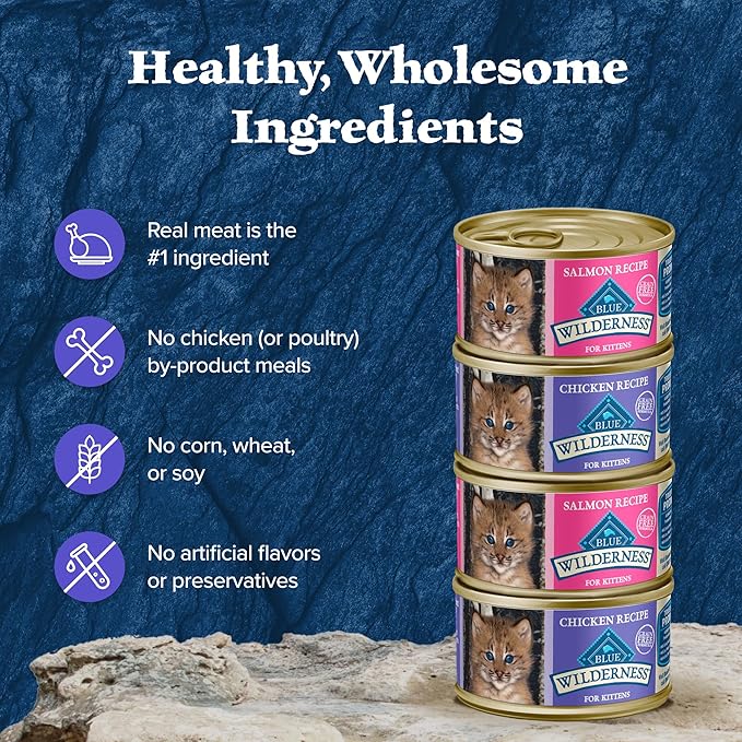 Blue Buffalo Wilderness High Protein Grain Free, Natural Kitten Pate Wet Cat Food Variety Pack, Chicken, Salmon 3-oz (6 Count- 3 of Each Flavor)