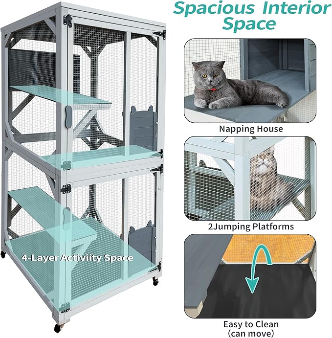 71 Inch Wooden Catio Outdoor Cat Enclosure on Wheels, Luxury Kitty-House with 4 Platforms & Weatherproof Asphalt Roof, Kitty Condo Cage Shelter Playpen with Sliding Doors