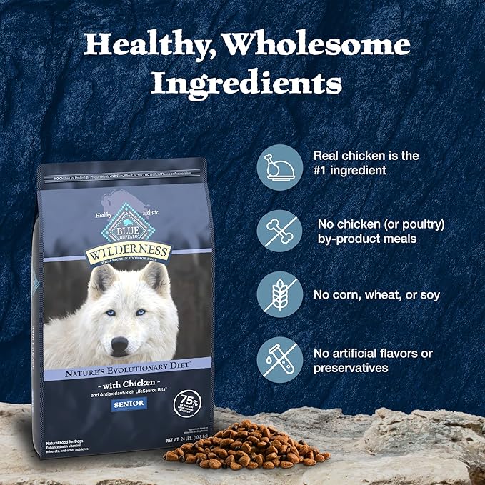 Blue Buffalo Wilderness High-Protein Natural Dry Food for Senior Dogs, Chicken Recipe, 28-lb. Bag