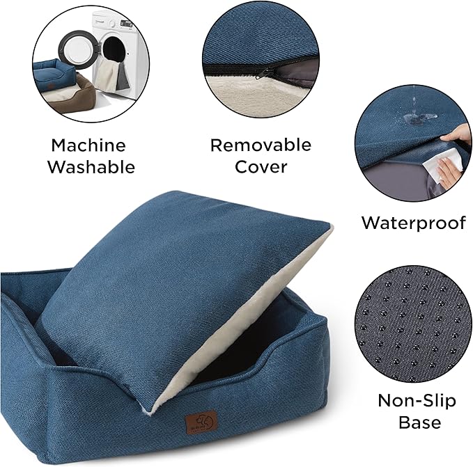 Bedsure Washable Dog Bed for Medium Dogs - Waterproof All-Season Foam Puppy Beds, Orthopedic Rectangle Cuddle Indoor Cat Beds with Removable Zipper Cover, 30x24x9inches, Blue