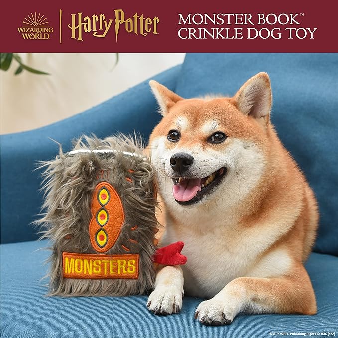 Harry Potter Monster Book Crinkle Pet Toy | Monster Book Dog Toy Version | Fuzzy and Crinkly Dog Toy Inspired by Wizarding World | Multisensory Dog Toy Plush