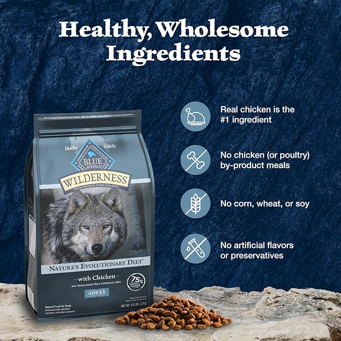 Blue Buffalo Wilderness Natural High-Protein Dry Food for Adult Dogs, Chicken Recipe, 24-lb. Bag