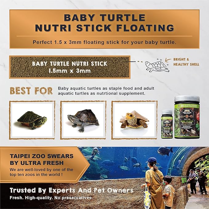 Ultra Fresh Floating Baby Turtle Food, All Natural Ingredients, Wild Sword Prawn, Calcium Vitamin D Enriched for Picky Aquatic Baby Turtles, Baby Turtle Nutri Stick 15 oz