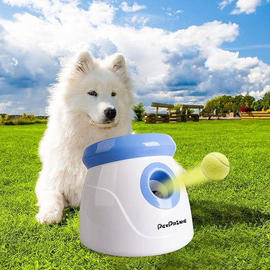 PetPrime Dog Automatic Ball Launcher Dog Interactive Toy Dog Fetch Toy Pet 2'' Thrower Throwing Game 3 Tennis Balls Tennis Mini Size Ball Launcher for Dogs Included Launch Distance 10-30ft