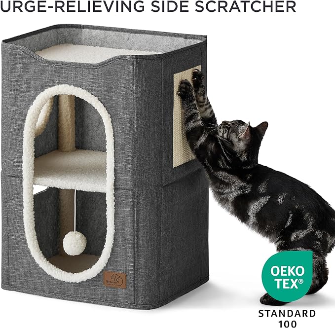 Bedsure 2-Level Cat House for Indoor Cats - Small Cat Towers with Scratch Pad and Hideaway Condo, Cat Cave Bed Furniture for Multi Pets and Large Cats, 18x14x23 inches, Dark Grey