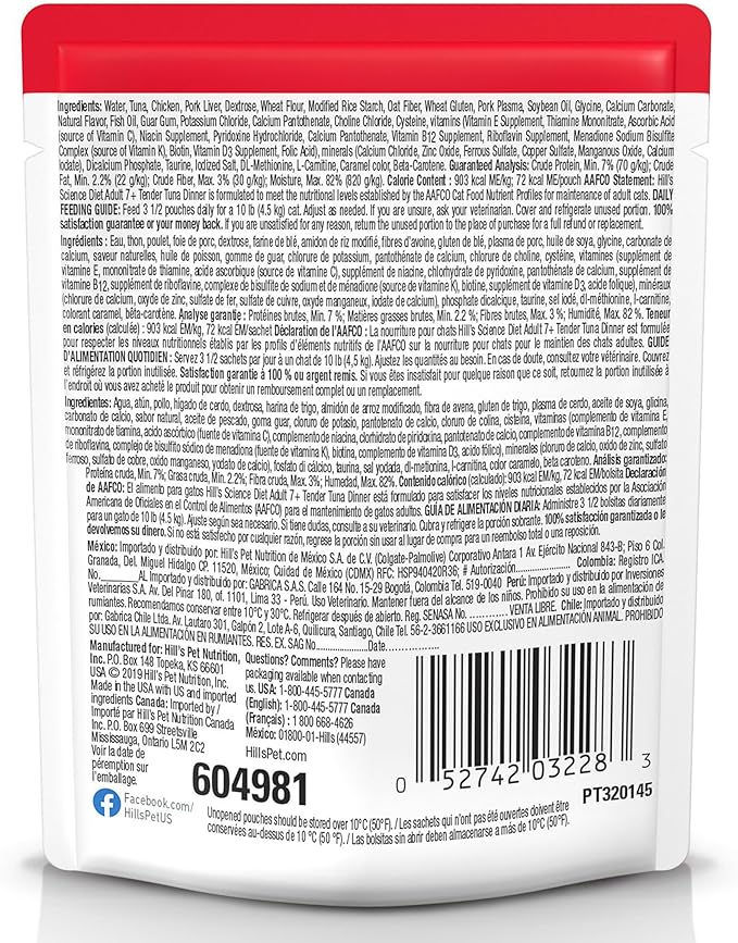 Hill's Science Diet Adult 7+, Senior Adult 7+ Premium Nutrition, Wet Cat Food, Tuna Stew, 2.8 oz Pouch, Case of 24