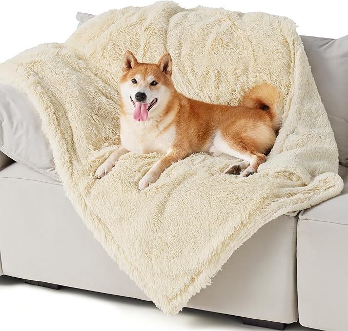 Bedsure Waterproof Dog Blankets for Large Dogs - Calming Cat Blanket for Couch Protector Washable, Long Faux Fur Pet Throw Blanket for Puppy, Reversible Furniture Protection, 40"x50", Cream