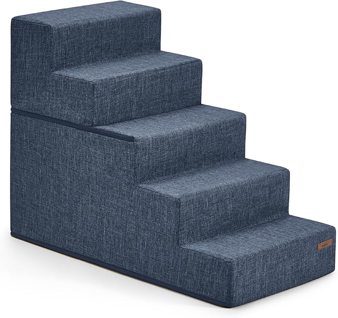 Lesure Dog Stairs for Small Dogs - Pet Stairs for Beds and Couch, Folding Pet Steps with CertiPUR-US Certified Foam for Cat and Doggy, Non-Slip Bottom Dog Steps, Navy Blue Linen-Like Fabric, 5 Steps