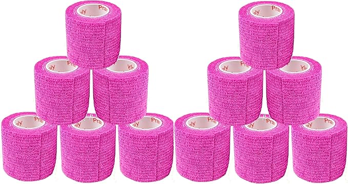 2 Inch Vet Wrap Tape Bulk (Fuchsia) (Pack of 12) Self Adhesive Adherent Adhering Flex Bandage Grip Roll for Dog Cat Pet Horse