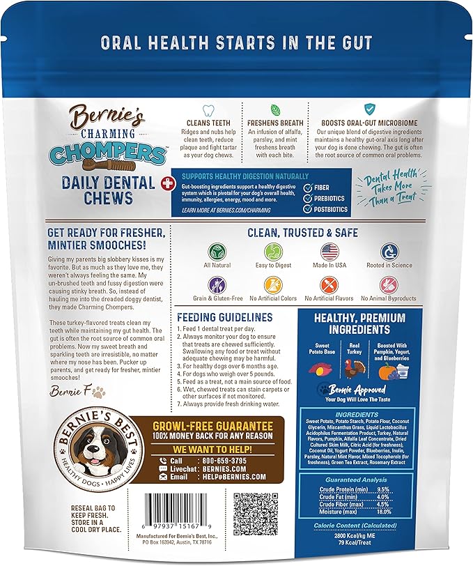 Bernie's Charming Chompers - Daily Dental Chews for Dogs 26-50 Lbs. - 18 Count - Cleans Teeth, Freshens Breath, Boosts Oral-Gut Microbiome. Easy to Digest, Supports Healthy Digestion Naturally