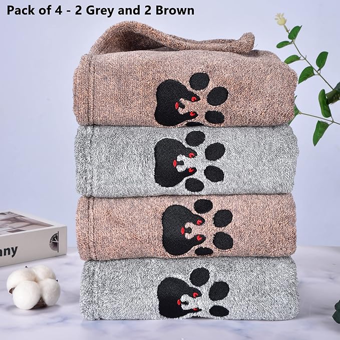 Dog Towels for Drying Dogs - Pack of 4 - Super Absorbent Soft Microfiber Pet Bath Grooming Towel for Dogs and Cats & Other Pets (M-36" * 28", 2Grey and 2Brown)
