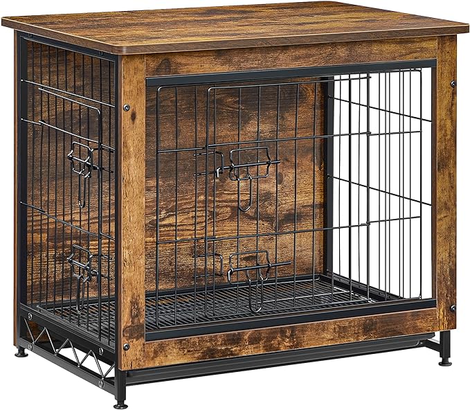 Feandrea Dog Crate Furniture, Side End Table, Modern Kennel for Dogs Indoor up to 30 lb, Heavy-Duty Dog Cage with Multi-Purpose Removable Tray, Double-Door Dog House, Rustic Brown UPFC001X01