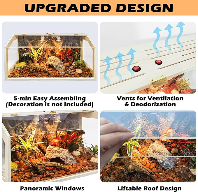 Reptile Terrarium, Lizard Tank Up to 68 Gallons, Bearded Dragon Tank with Roof Door, Snake Tank with Built-in Lamp Fixture and Switch (28 Gallon, 32" Long, Openable Wood Roof)