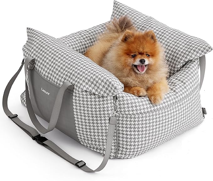 Lesure Small Dog Car Seat for Small Dogs - Waterproof Dog Booster Seat for Car with Storage Pockets and Clip-On Safety Leash and Thickened Memory Foam Filling, Pet Travel Carrier Bed Grey Houndstooth