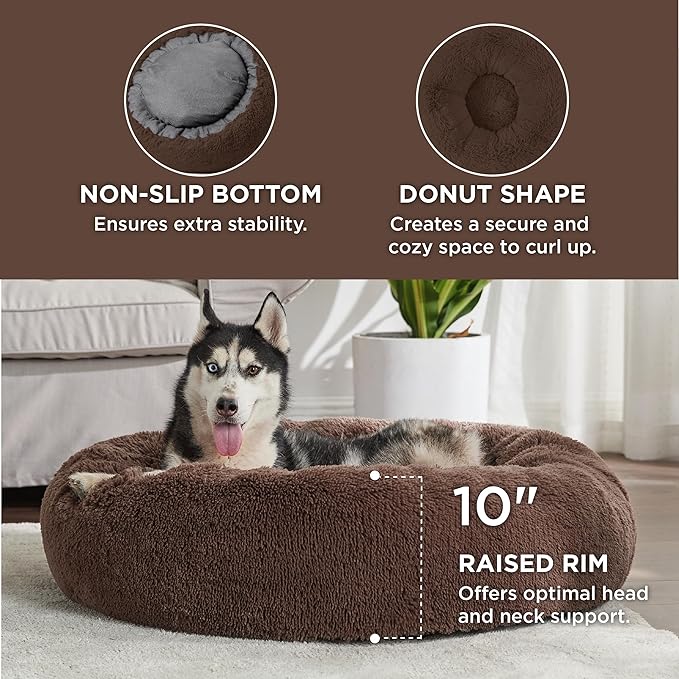 Bedsure Calming Dog Bed for Large Dogs - Donut Washable Large Pet Bed, 36 inches Anti-Slip Round Fluffy Plush Faux Fur Dog Bed, Fits up to 100 lbs Pets, Coffee