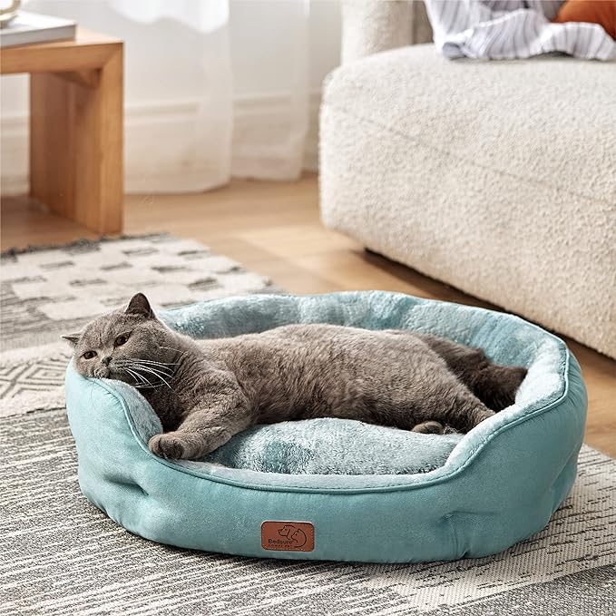 Bedsure Dog Beds for Small Dogs - Round Cat Beds for Indoor Cats, Washable Pet Bed for Puppy and Kitten with Slip-Resistant Bottom, 25 Inches, Washed Blue