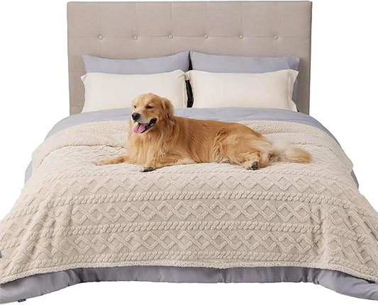 Bedsure Waterproof Dog Blankets for Large Dogs - Pet Blanket for Bed Protector Washable, Premium Jacquard Coral Fleece Cat Throw Blanket, Soft Plush Reversible Furniture Protection, 60x80, Cream