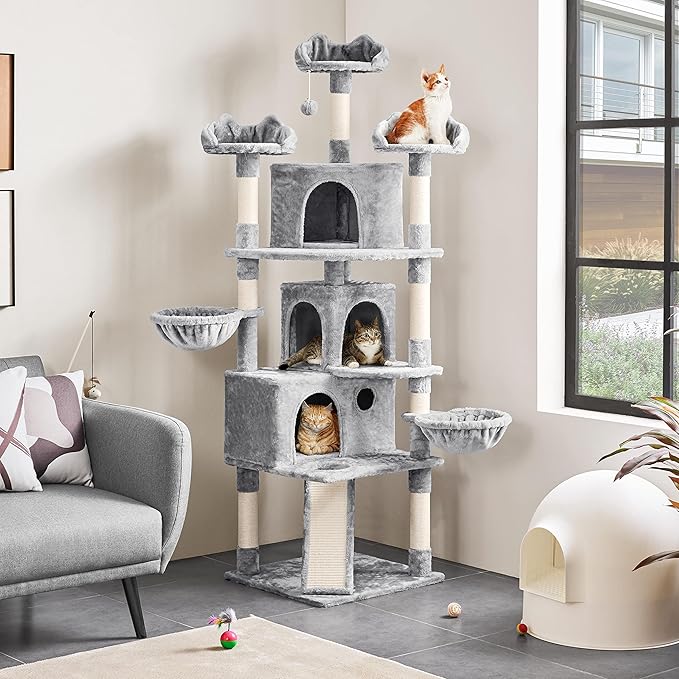 Yaheetech 76.5in Cat Tree Cat Tower with 3 Condos, 3 Cozy Perches with Dangling Ball, Scratching Posts, 2 Baskets, Pet Bed Furniture Activity Center for Indoor Cats and Kittens