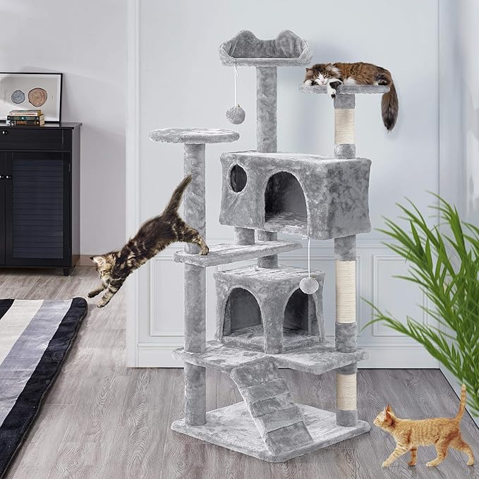 Yaheetech 54in Cat Tree Cat Tower w/Scratching Posts, Double Condos and Dangling Balls Kittens Pet House Play, Light Gray