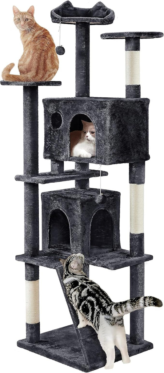 Yaheetech Larget Cat Tree, 80in Multi-Level Cat Tower with Cat Scratching Posts, Double Cat Condo, Perched Platforms and Dangling Balls, Cat Activity Center for Kittens Pet, Black