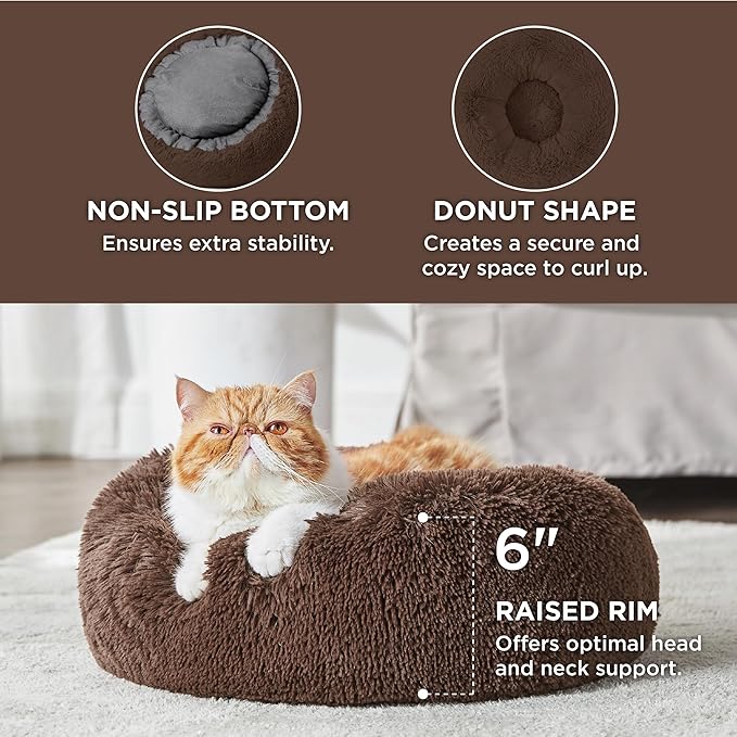 Bedsure Calming Cat Beds for Indoor Cats - Small Cat Bed Washable 20 inches, Anti-Slip Round Fluffy Plush Faux Fur Pet Bed, Fits up to 15 lbs Pets, Coffee