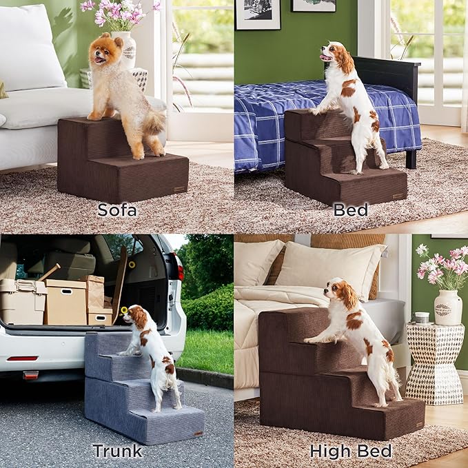 Lesure Dog Stairs for High Beds, Extra Wide Pet Stairs, 4-Steps Dog Steps for Medium/Small Dogs and Old Cats, Foldable Dog Steps with CertiPUR-US Certified Foam and Non-Slip Bottom, Brown