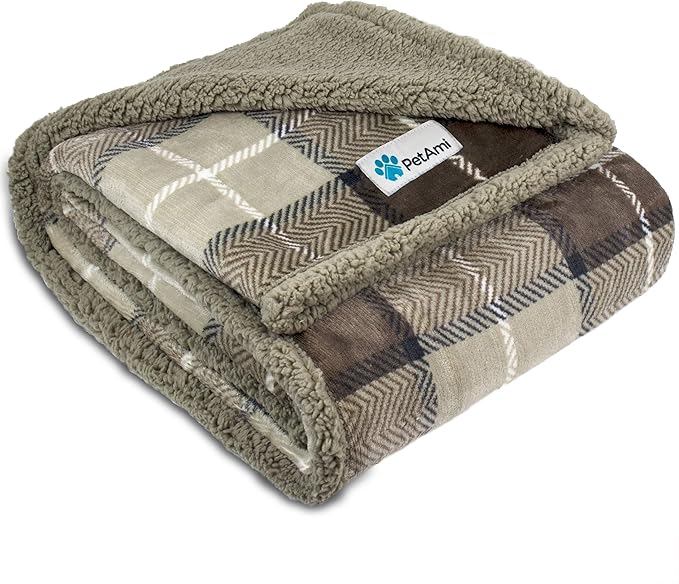 PetAmi WATERPROOF Dog Blanket For Bed, XL Dog Pet Blanket Couch Cover Protection, Sherpa Fleece Leakproof Bed Blanket for Crate Kennel Sofa Furniture Protector, Reversible Soft Plush 80x60 Plaid Taupe