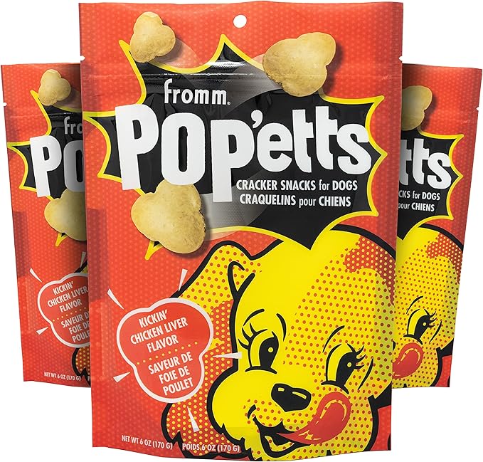 Fromm Pop'etts Kickin' Chicken Liver Cracker Dog Snacks - Premium Dog Treats - Liver Recipe - Pack of (3) 6 oz Bags