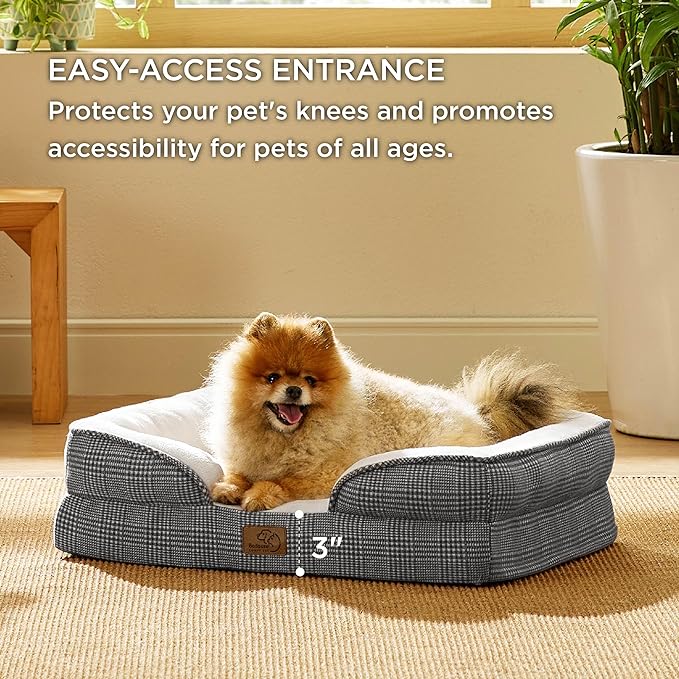 Bedsure Small Orthopedic Dog Bed - Washable Bolster Dog Sofa Beds for Small Dogs, Supportive Foam Pet Couch Bed with Removable Washable Cover, Waterproof Lining and Nonskid Bottom Couch, Black Checks