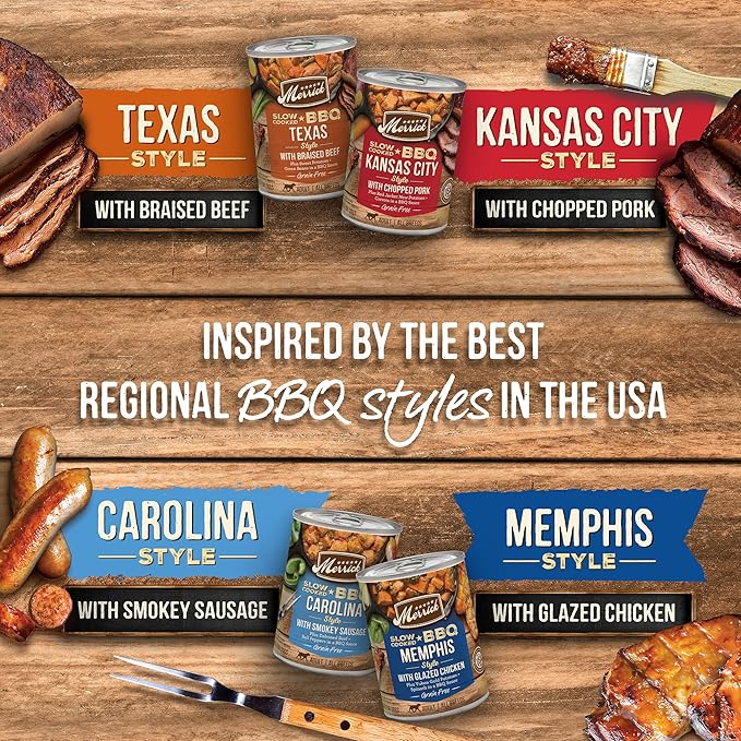 Merrick Slow-Cooked BBQ Premium And Healthy Real Meat Grain Free Canned Dog Food, Kansas City Style With Pork - (Pack of 12) 12.7 oz. Cans