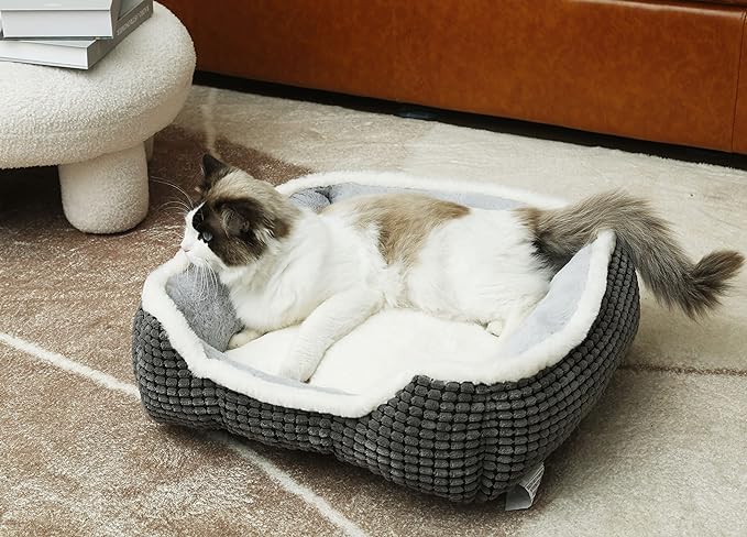 Dog Bed for Medium Size Dogs, Cute Cat Beds for Indoor Cats, Super Soft Washable Cat Bed with Anti-Slip & Water-Resistant Bottom, Luxury Durable Kitten Bed and Puppy Bed, Square Grey Animal Pet Beds