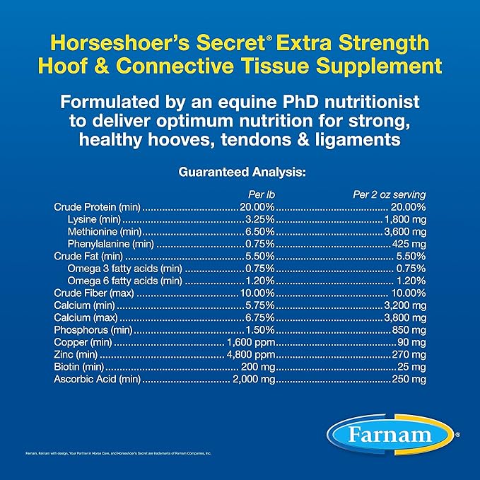 Farnam Horseshoer's Secret EXTRA STRENGTH Hoof Supplements & Connective Tissue Supplement, Promotes strong, healthy hooves, tendons & ligaments, 3.75 lbs., 30 day supply