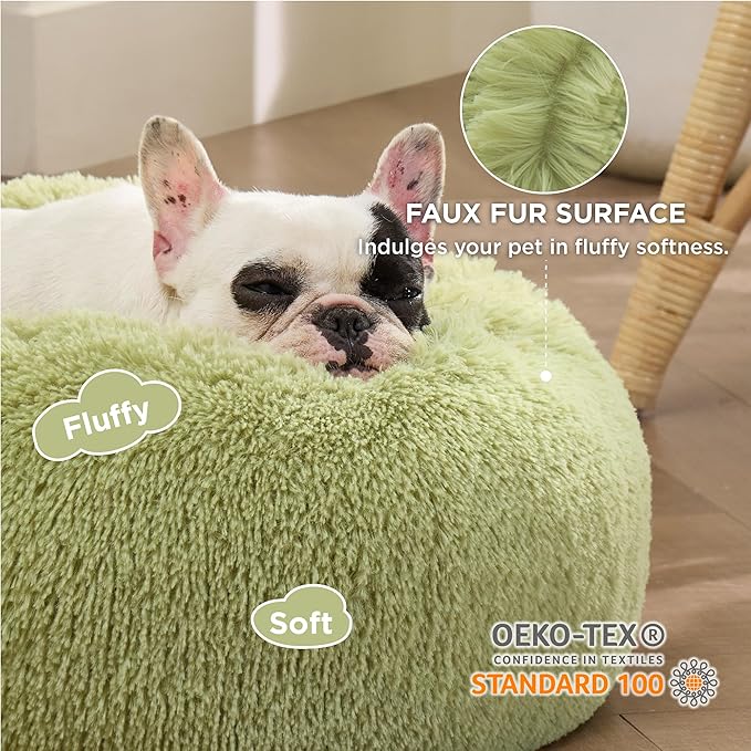 Bedsure Calming Dog Bed for Small Dogs - Donut Washable Small Pet Bed, Round Anti-Slip Fluffy Plush Faux Fur Large Cat Bed, Fits up to 25 lbs Pets, Green, 23 inches