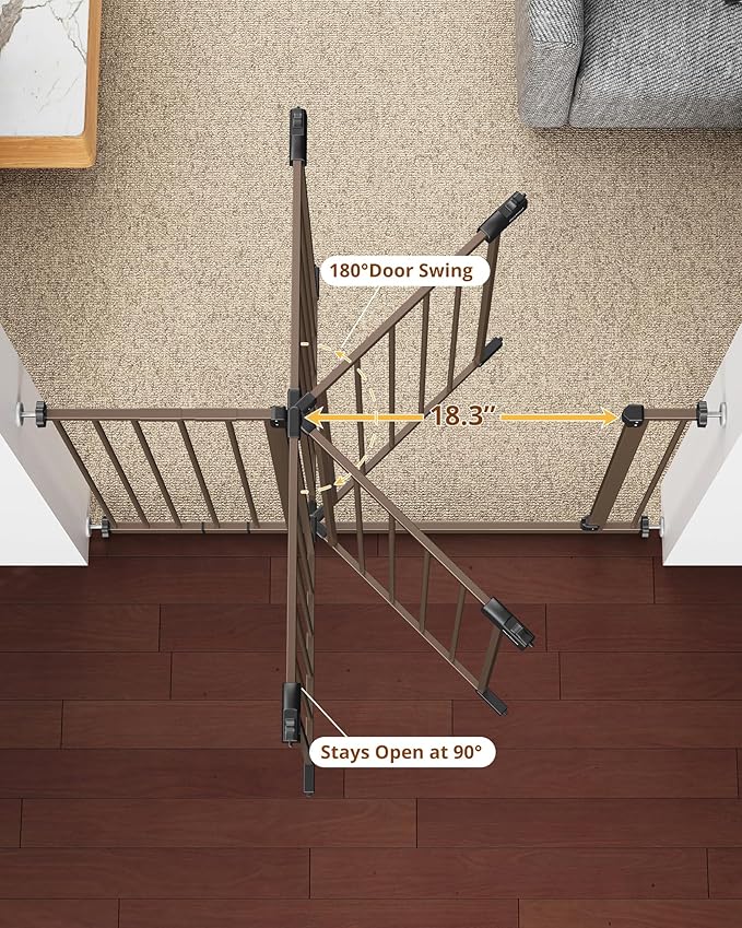 InnoTruth Baby Gate for Stairs 28.9-42.1" Wide, 30" Tall Easy Step Walk Through Expandable Dual Lock Dog Gates for The House, Metal Pressure Mounted Easy Install Pet Gate for Dogs, Brown