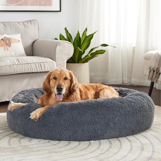 Bedsure Calming Dog Bed for Extra Large Dogs - Donut Washable Large Pet Bed, 45 inches Anti-Slip Round Fluffy Plush Faux Fur Dog Bed, Fits up to 125 lbs Pets, Grey