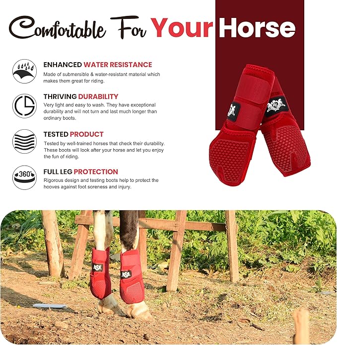 RS Premium Design Horse Boots, Protective and Shock Absorber | Horse Fly Boots Best for Jump Training and for Trails | Ok Fabric Provides Ultimate Flexibility (Red, Large)