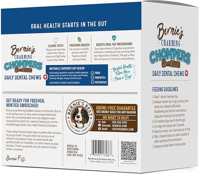 Bernie's Charming Chompers - Daily Dental Chews for Dogs 26-50 Lbs. - 36 Count - Cleans Teeth, Freshens Breath, Boosts Oral-Gut Microbiome. Easy to Digest, Supports Healthy Digestion Naturally