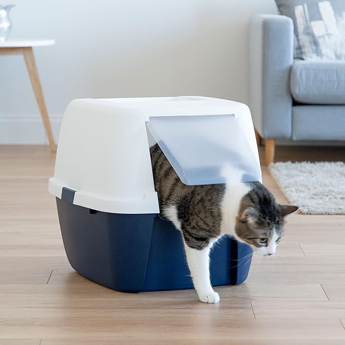 IRIS USA Jumbo Cat Litter Box Enclosure with Front Door Flap and Scoop, Hooded Kitty Litter Tray with Easy Access Lift Top Handle and Buckles for Portability and Privacy, Navy/White