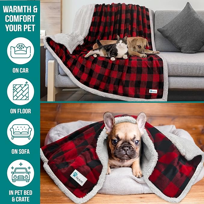 PetAmi Dog Blanket for Bed, XL Pet Blanket Large Dogs, Fleece Furniture Couch Cover Protector Sofa Car Crate Kennel, Soft Sherpa Cat Throw Plush Reversible Washable, Twin 60x80 Checker Red