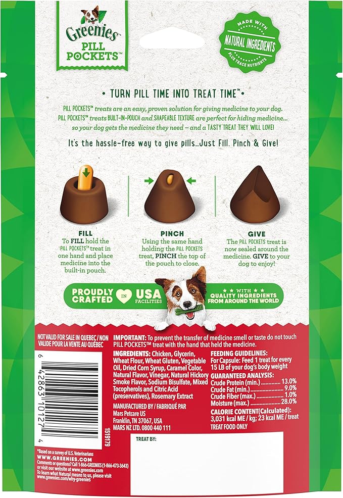 Greenies Pill Pockets for Dogs Capsule Size Natural Soft Dog Treats, Hickory Smoke Flavor, (6) 7.9 oz. Packs (180 Treats)