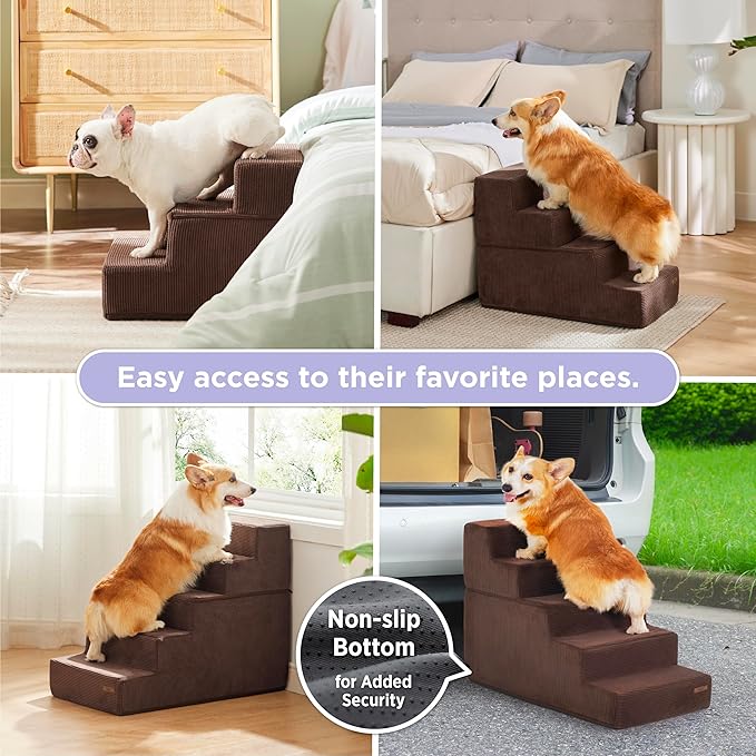 Lesure Dog Stairs for Small Dogs - Pet Stairs for High Beds and Couch, Folding Pet Steps with CertiPUR-US Certified Foam for Cat and Doggy, Non-Slip Bottom Dog Steps, Brown, 5 Steps