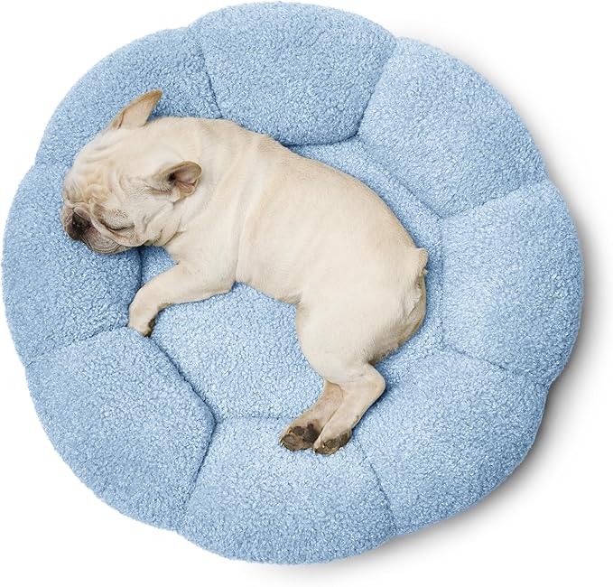 Lesure Calming Medium Dog Bed - Flower Donut Round Fluffy Puppy Bed in Plush Teddy Sherpa, Non-Slip Cute Flower Cat Beds for Indoor Cats, Medium Pet Bed Fits up to 45 lbs, Machine Washable, Blue 30"