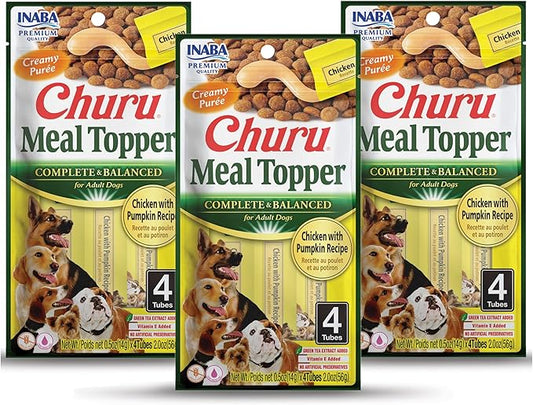 INABA Churu Meal Topper for Dogs, Complete & Balanced, Creamy, Lickable Purée Dog Food Topper, 0.5 Ounce Tube, 12 Tubes (4 per Pack) Chicken with Pumpkin Recipe