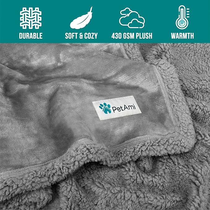 PetAmi WATERPROOF Dog Blanket for Bed, XL Dog Pet Blanket Couch Cover Protection, Sherpa Fleece Leakproof Bed Blanket for Crate Kennel Sofa Furniture Protector, Reversible Soft Plush 80x60 Light Gray