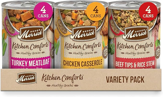 Merrick Kitchen Comforts Wet Dog Food Gravy, Variety Pack Real Meat and Brown Rice Dog Food with Grains - (12 Count) 9.5 lb. Cans