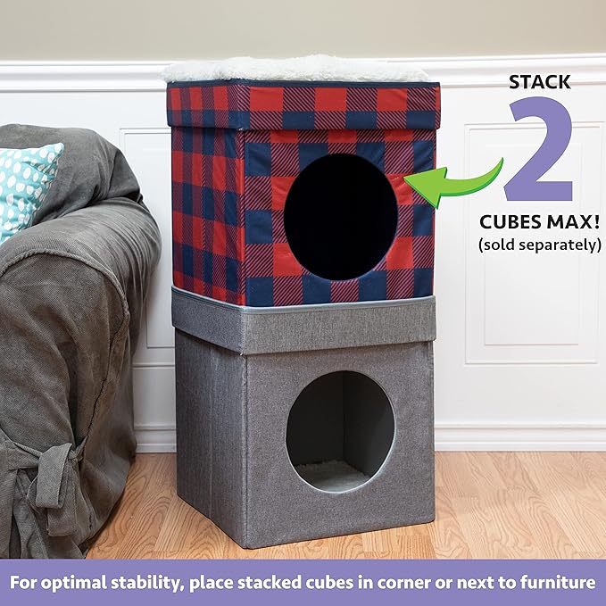 Kitty City Large Cat Bed, Stackable Cat Cube, Indoor Cat House/Cat Condo, Cat Scratcher, Red, (CM-10168)