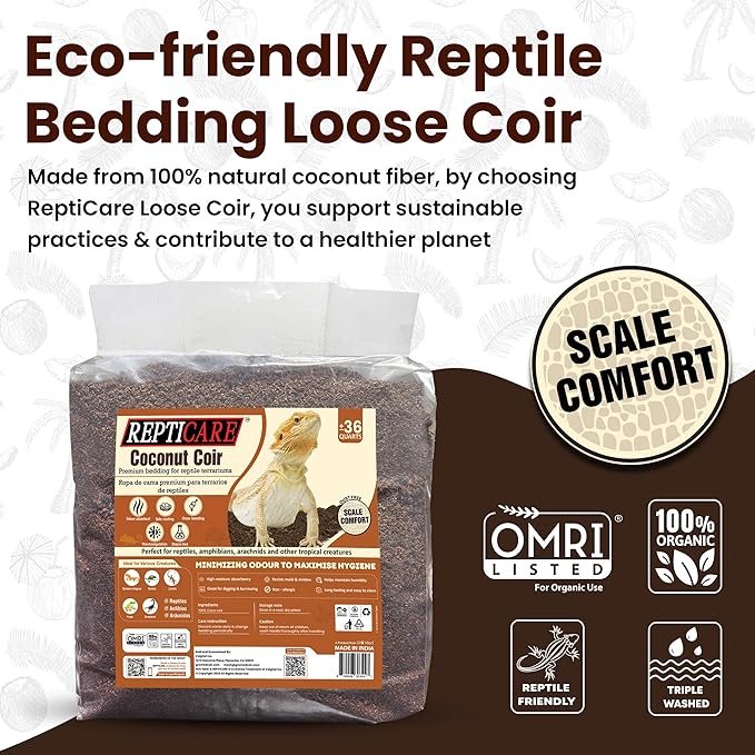 ReptiCare Organic Coconut Coir Bedding Substrate, Ready to Use – 36 Quarts Small Coir Fiber Bedding for Ball Python, Bearded Dragon, Lizard, Tortoise, Hermit Crab, Bedding for Bioactive Terrariums