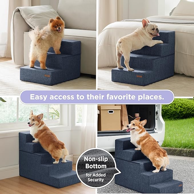 Lesure Dog Stairs for Small Dogs - Pet Stairs for Beds and Couch, Folding Pet Steps with CertiPUR-US Certified Foam for Cat and Doggy, Non-Slip Bottom Dog Steps, Navy Blue Linen-Like Fabric, 4 Steps